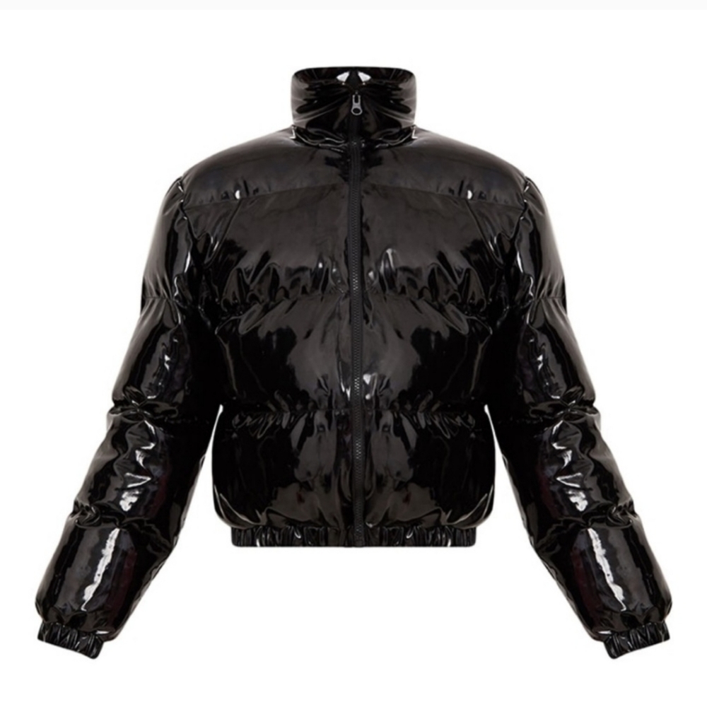 PLT Pretty Little Thing Black Shine Puffer Patent Leather Jacket Coat Size 4